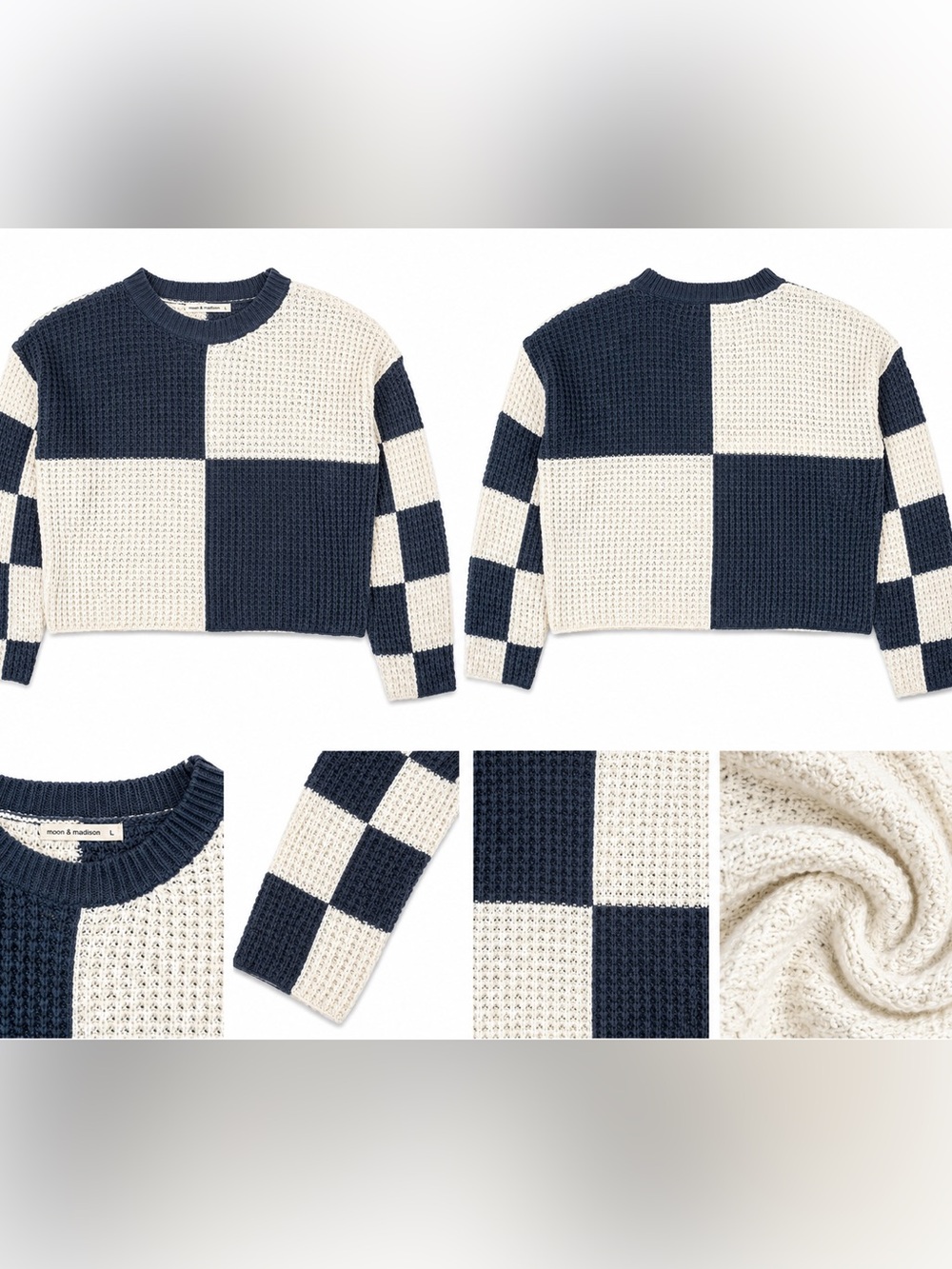 Moon & Madison Navy Ivory Checkered Waffle Knit Sweater L